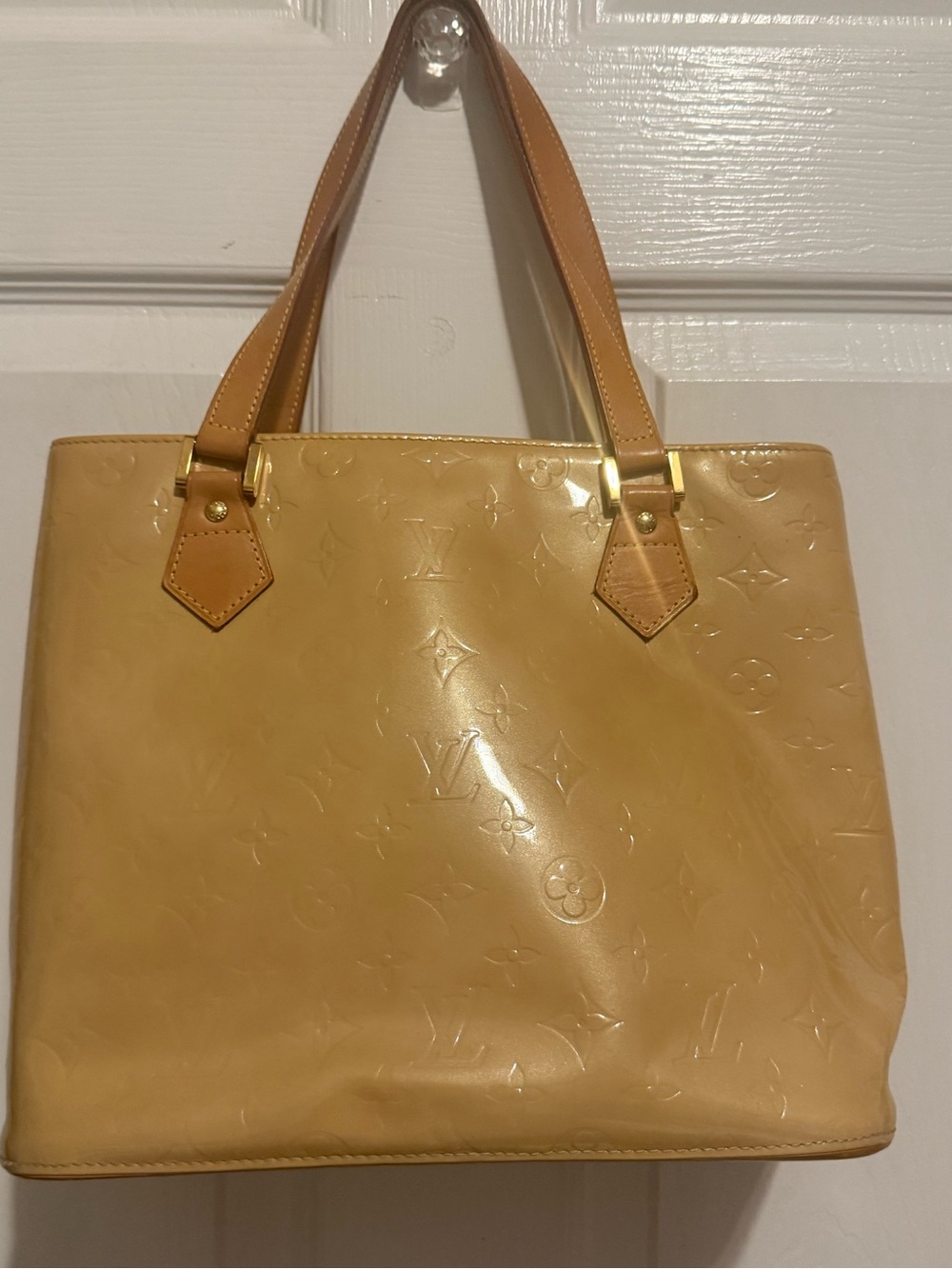 Louis Vuitton Yellow Vernis Monogram Patent Tote with Tan Handles